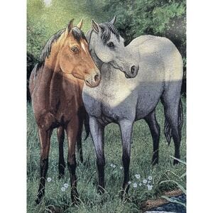 VTG Tapestry Style Throw Blanket Ft. Artwork By Linda Picken "Horses By Stream"